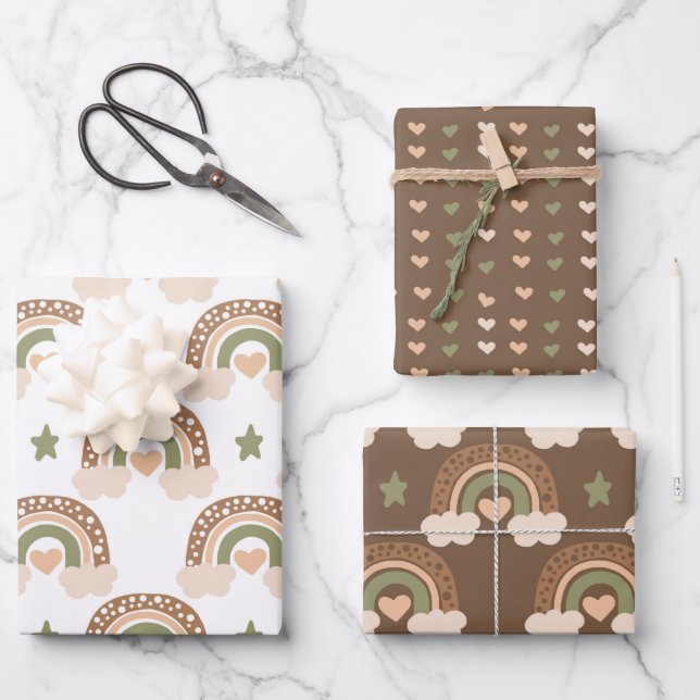 Rainbow and Love Heart Pattern Wrapping Paper Sheets (Front)