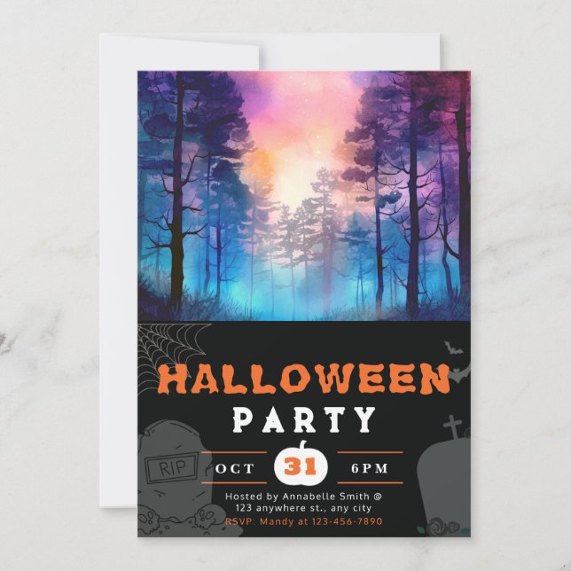 Rainbow and Moonlit Forest Black Halloween Invitation (Front)