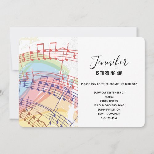 Rainbow and Music Notes party Invitation