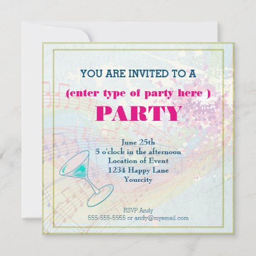 Rainbow and Music Notes party Invitation