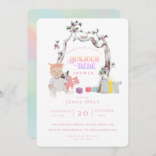 Rainbow and Pink Bonjour Baby Shower Invitation