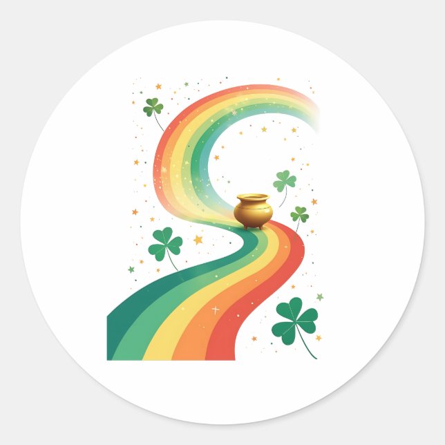Rainbow and Pot of Gold Fantasy Scene Classic Round Sticker (Front)