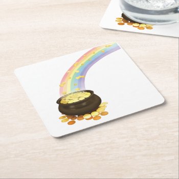 Rainbow And Pot Of Gold Square Paper Coaster by FeistyUnicornDesigns at Zazzle