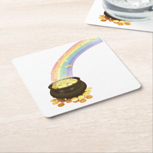 Rainbow and Pot of Gold Square Paper Coaster