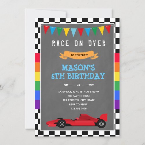 Rainbow and race car birthday Invitation