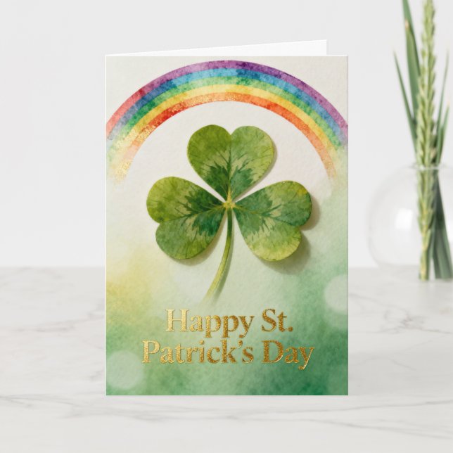 Rainbow and Shamrock St. Patrick's Day Holiday Card (Front)