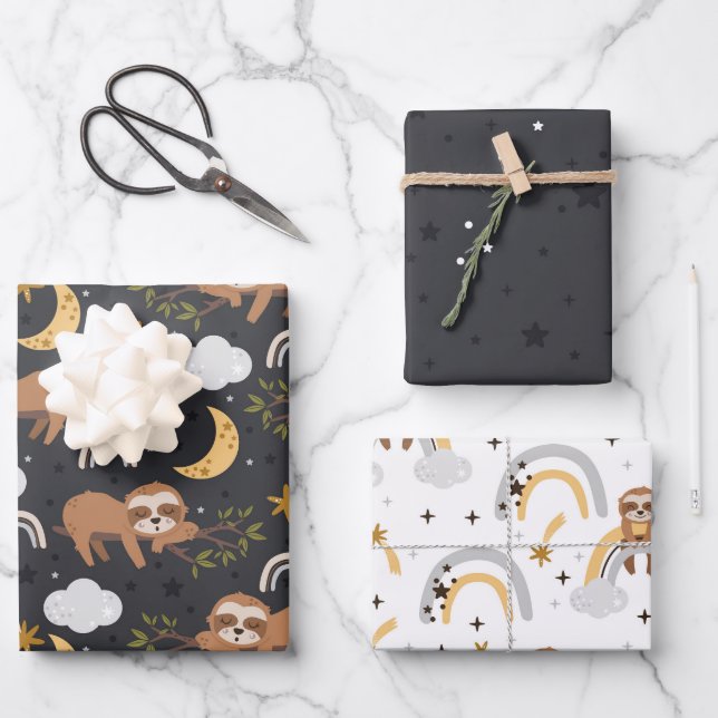 Rainbow and Sloths Pattern Wrapping Paper Sheets (Front)