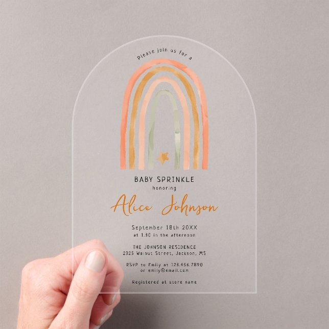 Rainbow And Star Boho Baby Sprinkle Shower Arch Acrylic Invitations (Insitu (Handheld))