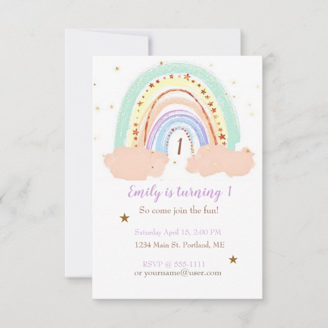 Rainbow and stars baby birthday party custom invitation (Front)