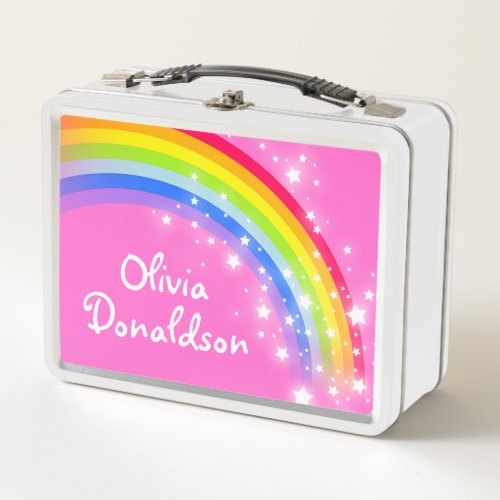 Rainbow and stars pink sky girls name lunch box