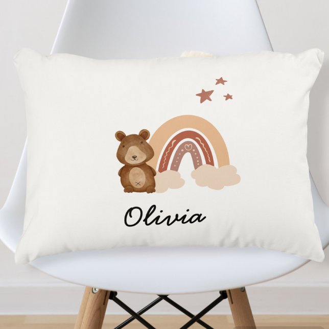 Rainbow and Teddy Bear Pillow, Custom Name Nursery Accent Pillow (Creator Uploaded)