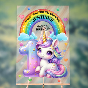 Rainbow and Unicorn 1st Birthday Party Acrylic Sign