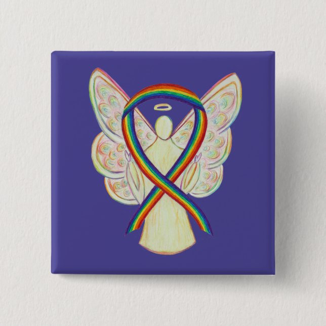 Rainbow Angel Awareness Ribbon Custom Art Pins (Front)