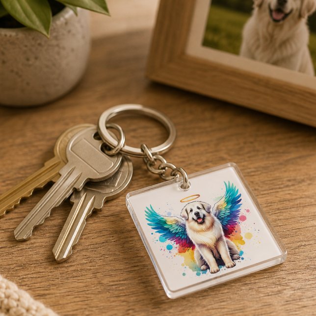 Rainbow Angel Great Pyrenees Dog Watercolor Keychain (great pyrenees keychain near photo )