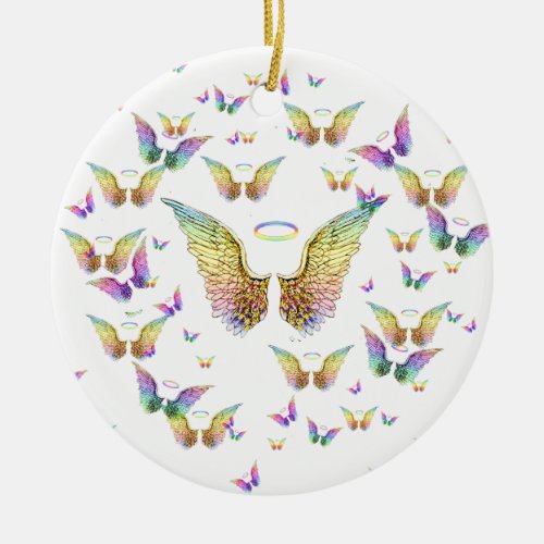 Rainbow Angel Wings and Halos Ceramic Ornament