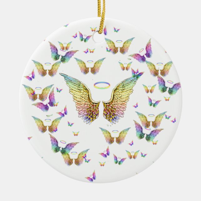 Rainbow Angel Wings and Halos Ceramic Ornament (Front)