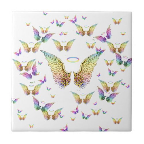 Rainbow Angel Wings and Halos Ceramic Tile