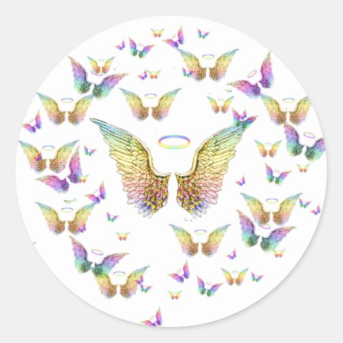 Rainbow Angel Wings and Halos Classic Round Sticker