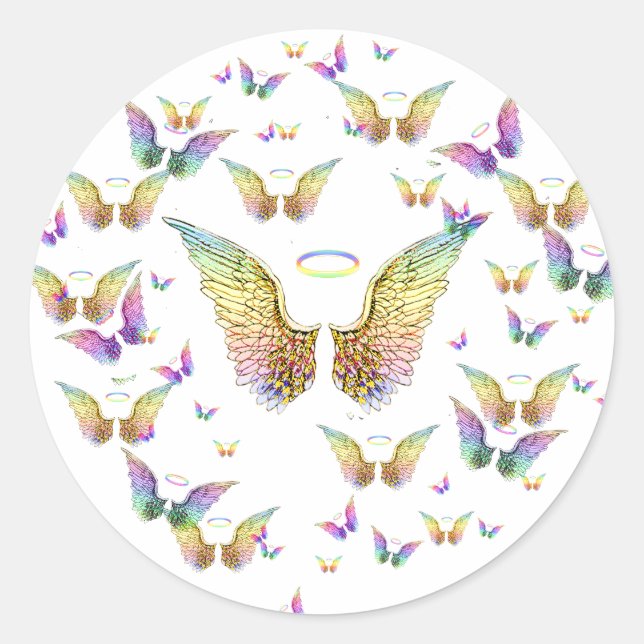Rainbow Angel Wings and Halos Classic Round Sticker (Front)