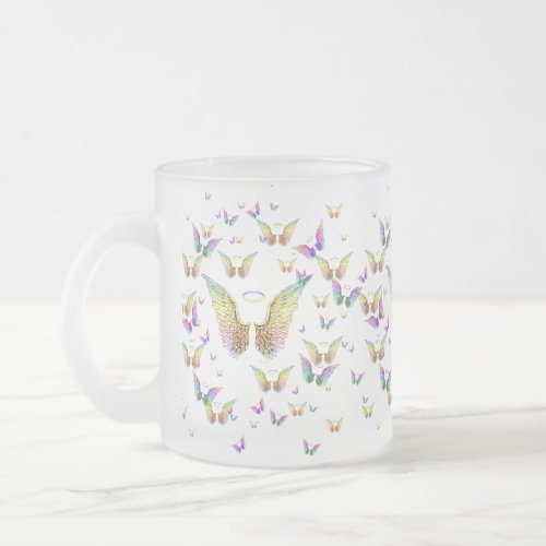 Rainbow Angel Wings and Halos Frosted Glass Coffee Mug