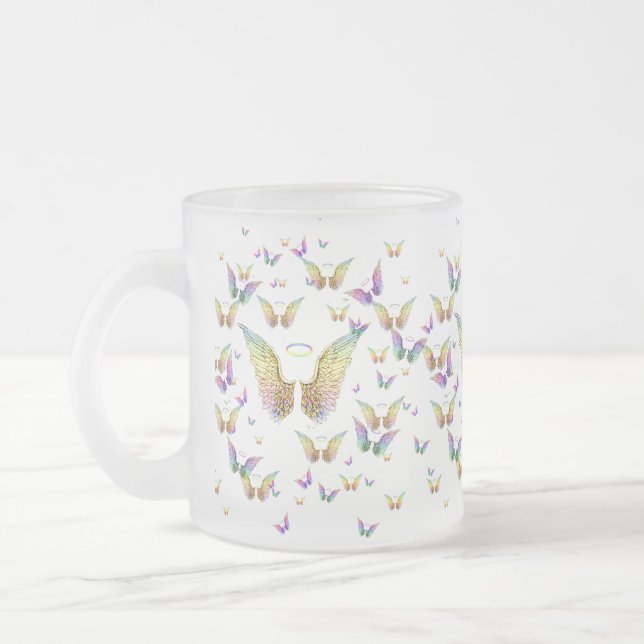 Rainbow Angel Wings and Halos Frosted Glass Coffee Mug (Left)