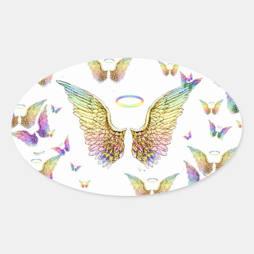 Rainbow Angel Wings and Halos Oval Sticker