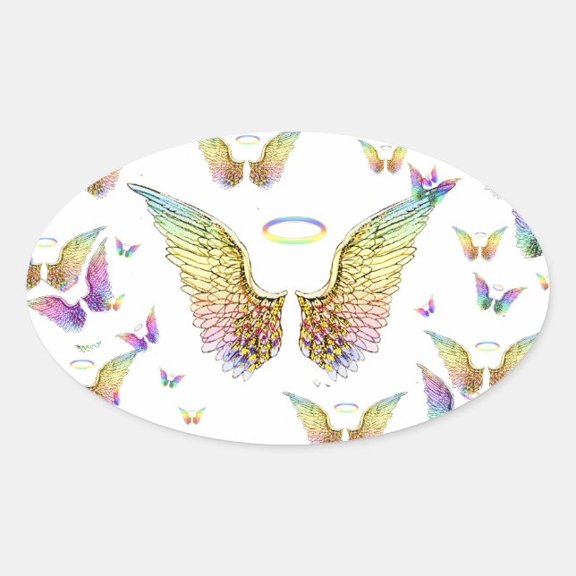 Rainbow Angel Wings and Halos Oval Sticker (Front)