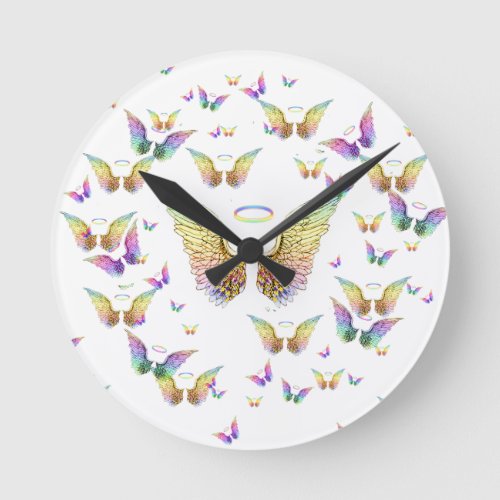 Rainbow Angel Wings and Halos Round Clock