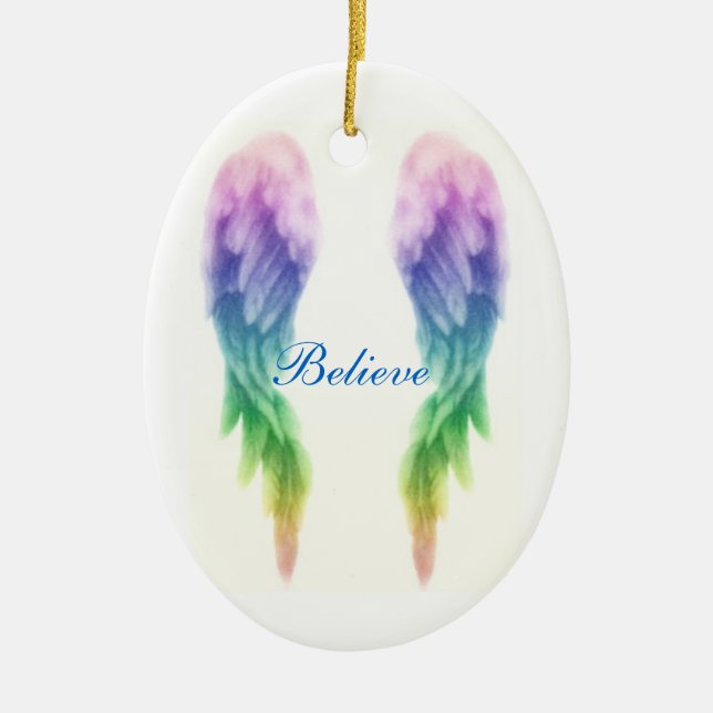 Rainbow Angel Wings Ceramic Ornament (Front)