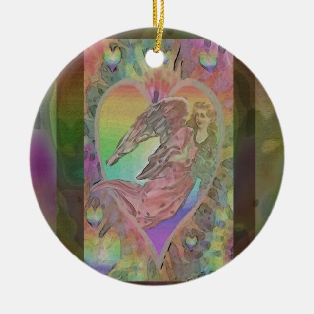 Rainbow Angel with Hearts Ceramic Ornament (Front)