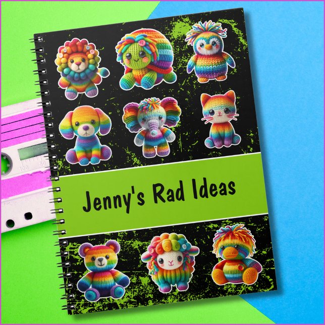 Rainbow Animals Bright Retro 1980s Green Accents Notebook (Bright 1980s notebook with custom text for a name or title includes cute rainbow animals!)