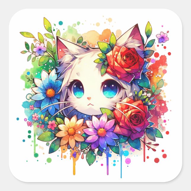 Rainbow Anime Kitten Birthday   Square Sticker (Front)