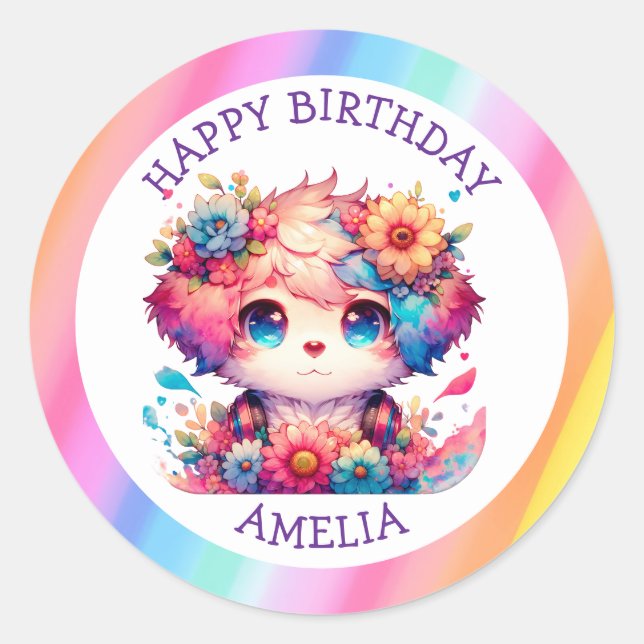 Rainbow Anime Puppy Birthday Cake Personalized Classic Round Sticker (Front)