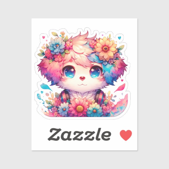 Rainbow Anime Puppy Dog and Flowers Sticker (Sheet)