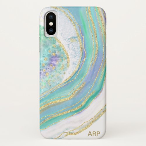  Rainbow Aqua Blue  Agate Gold Glitter Pastel iPhone XS Case
