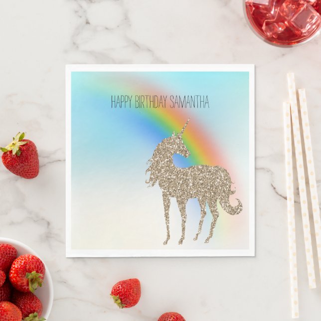 Rainbow Aqua Ombre Gold Glitter Unicorn Napkins (Insitu)