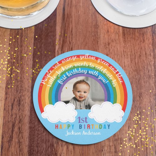 Rainbow Arch Over The Clouds Babys First Birthday Round Paper Coaster