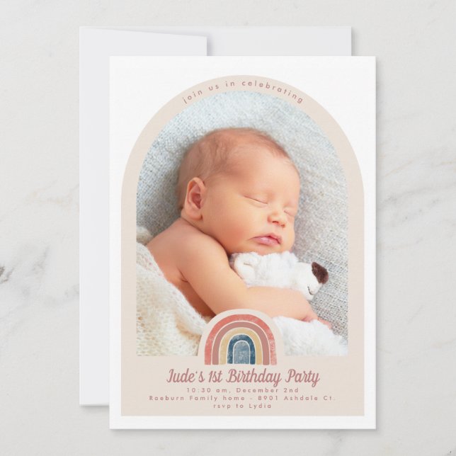 Rainbow Arch Photo 1st Birthday Inviation Invitation (Front)