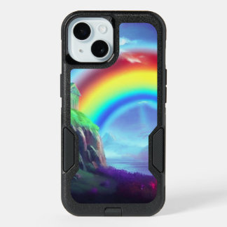 Rainbow arching over cliffside fortress iPhone 15 case