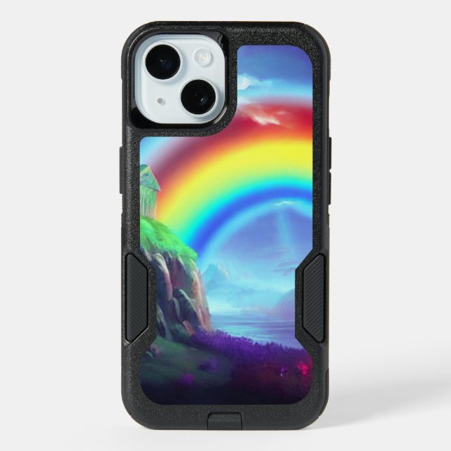 Rainbow arching over cliffside fortress otterbox iPhone case (Back)