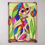 Rainbow Art Deco Cat Mini Modern Art Poster<br><div class="desc">Decorate your walls in style with this unique modern art mini poster. In this cute, whimsical artwork, this brown-eyed cat sits on a brown surface against a pale green background, showing off her unusual contrasting rainbow colored markings in geometric shapes with an art deco feel reminiscent of leaves or flower...</div>