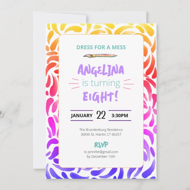 Rainbow Art Paint Birthday Party Girl  Invitation (Front)