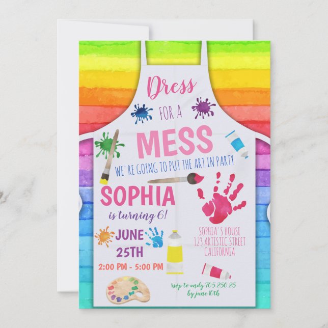 Rainbow Art Party Invitation Girl Birthday (Front)