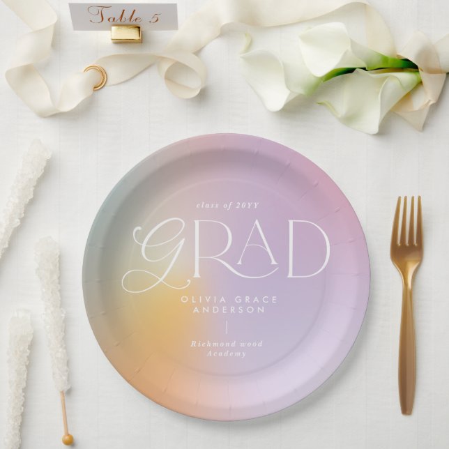 Rainbow aura modern colourful typography grad paper plates (Wedding)