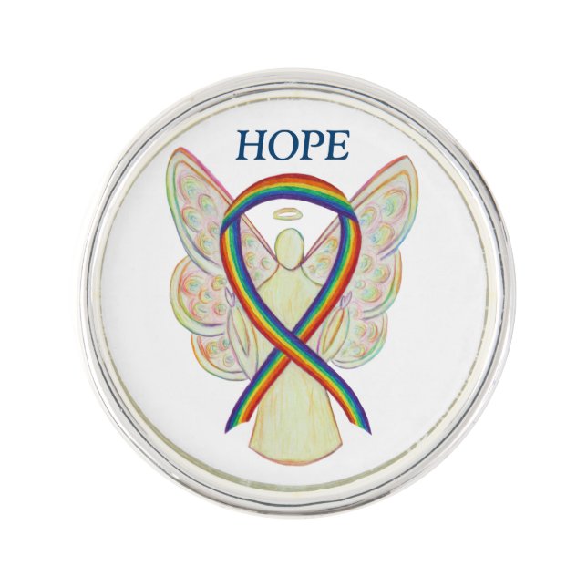 Rainbow Awareness Ribbon Angel Custom Lapel Pin (Front)
