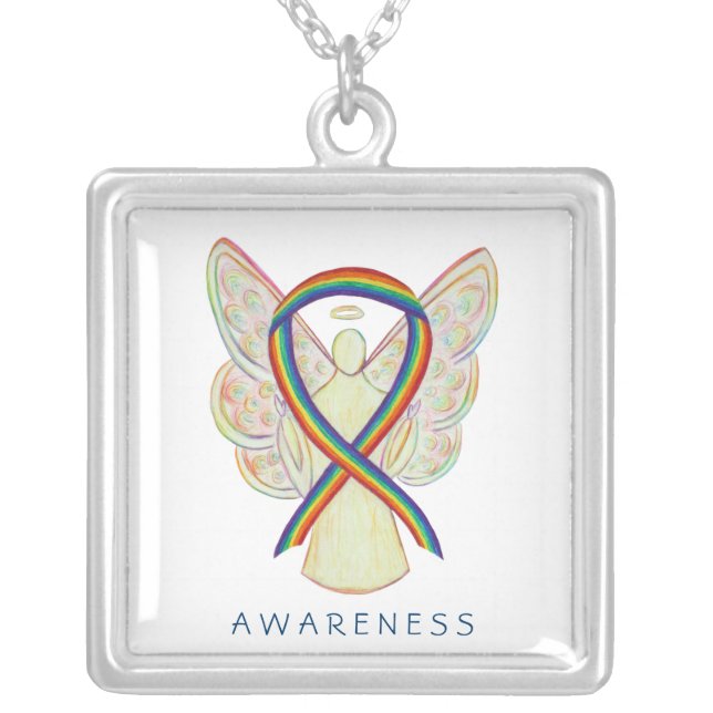 Rainbow Awareness Ribbon Angel Jewelry Necklace (Front)