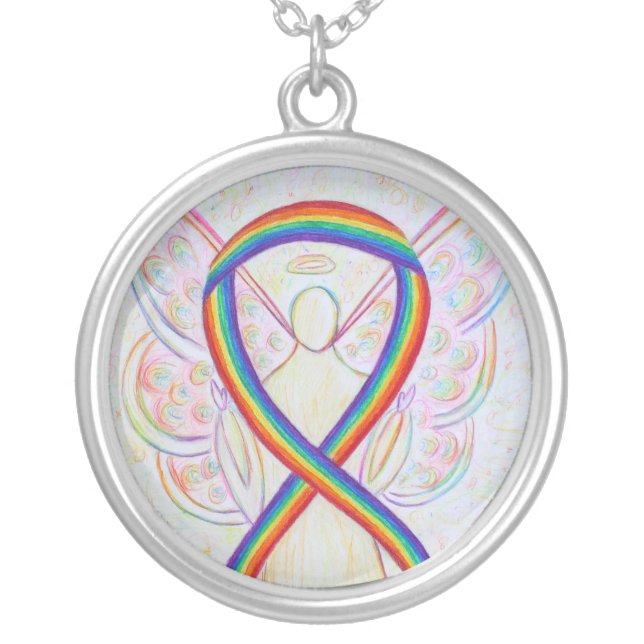 Rainbow Awareness Ribbon Angel Jewelry Necklace (Front)