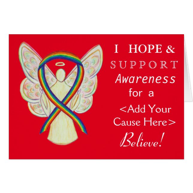 Rainbow Awareness Ribbon Custom Cause Angel Cards (Front Horizontal)