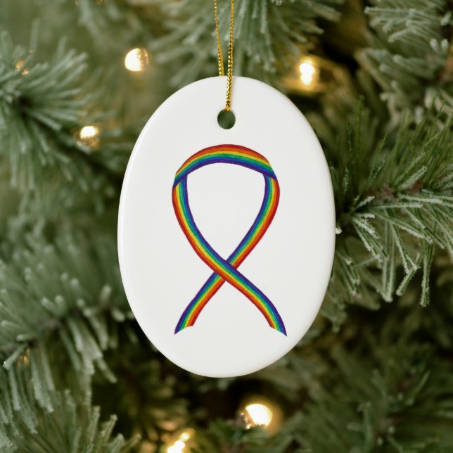 Rainbow Awareness Ribbon Custom Holiday Ornament (Tree)