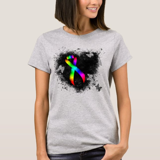 Rainbow Awareness Ribbon Grunge Heart T-Shirt (Front)